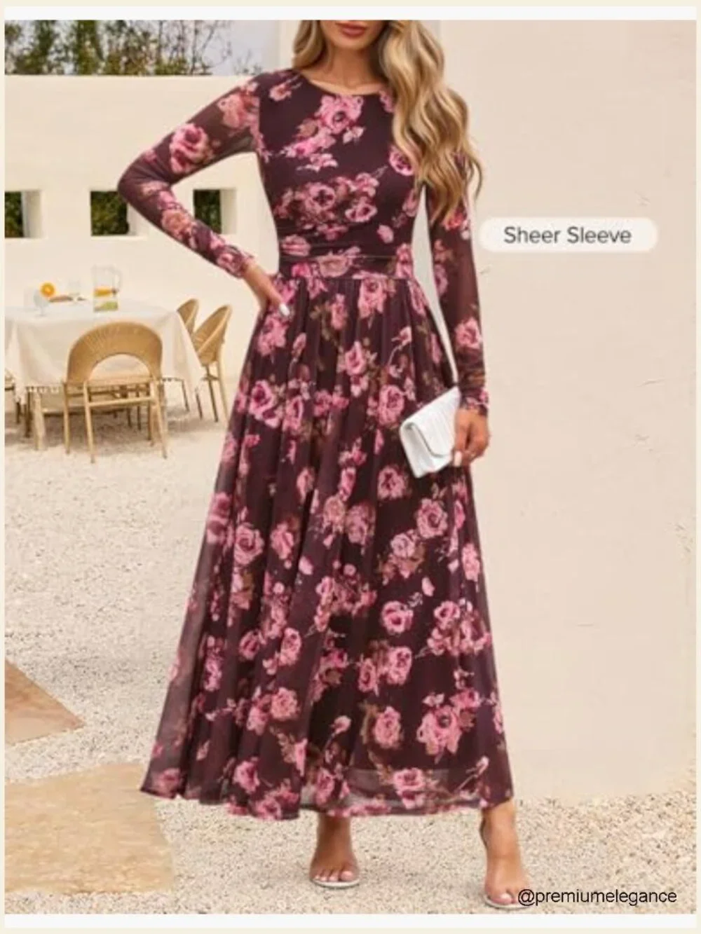 Long Sleeve Crewneck Floral Print Mesh Ruched Maxi Dress - Picture 4 of 7